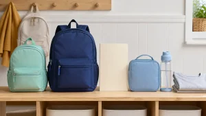 Kindergarten-size backpacks shown beside common school supplies