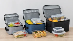 Small medium and large insulated lunch bags shown side by side