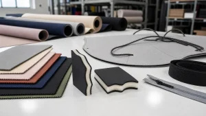 Neoprene bag material layers and trim samples on a factory table