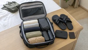 Open carry-on travel backpack packed with a compact organized travel kit
