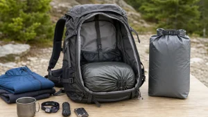 Sleeping bag packed low inside a hiking backpack beside a sealed dry sack