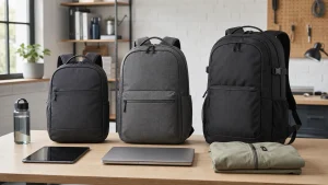 Three everyday backpacks showing compact standard and larger capacity profiles