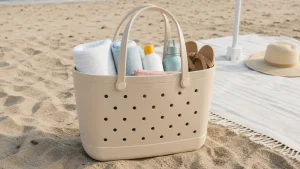Molded EVA beach tote packed for an outdoor beach day
