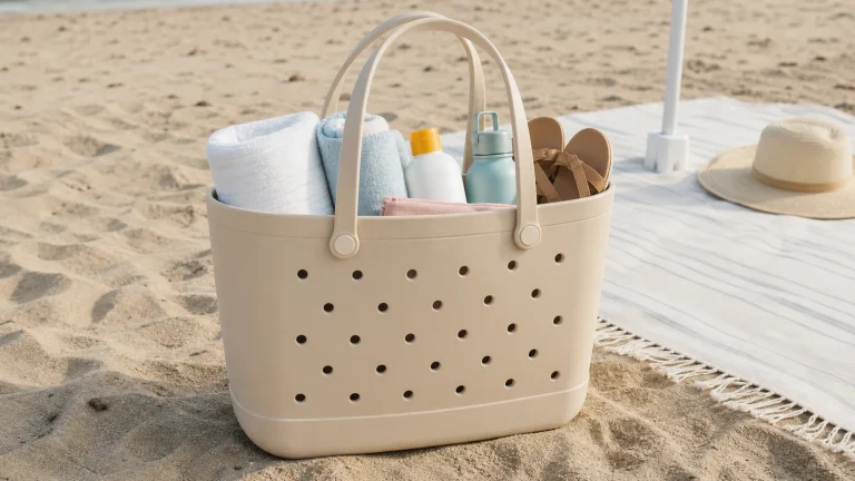Molded EVA beach tote packed for an outdoor beach day