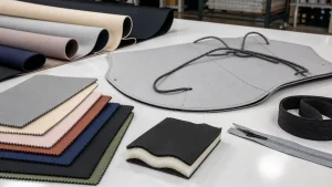 Neoprene bag material layers and texture sample on a worktable