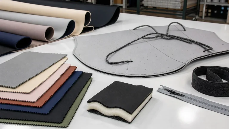 Neoprene bag material layers and texture sample on a worktable