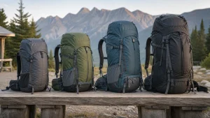 Four backpacking backpacks arranged by capacity at a mountain trailhead