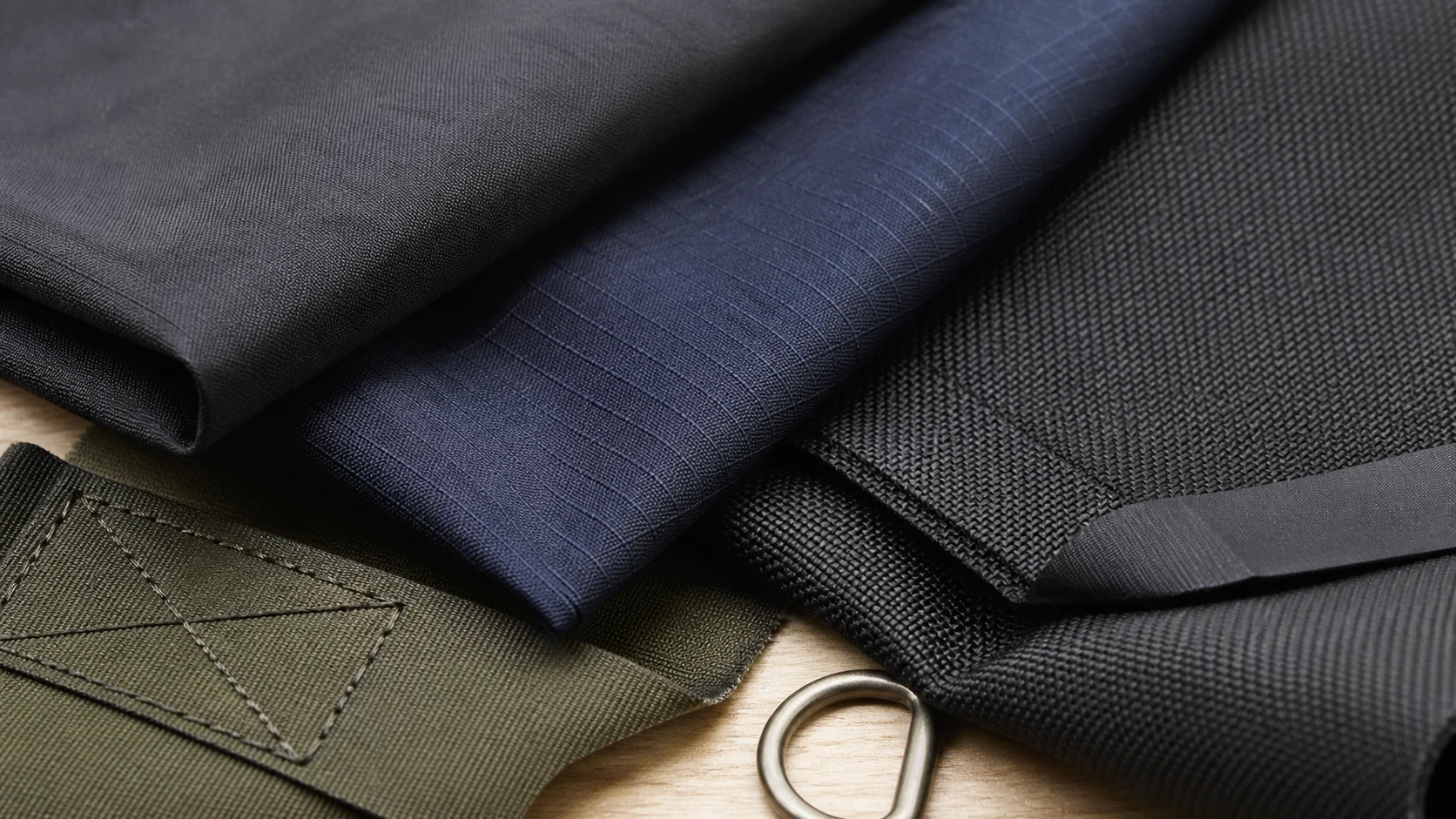 Close-up selection of nylon bag fabrics showing ripstop, tightly woven and reinforced constructions