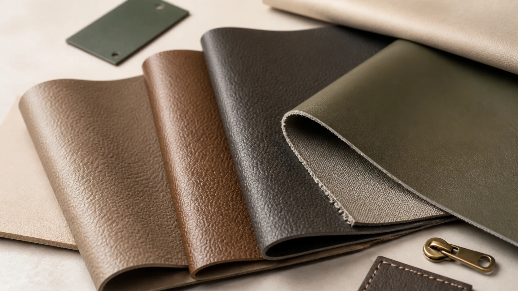 PU leather swatches showing grain, gloss, color and textile backing options for custom bag development