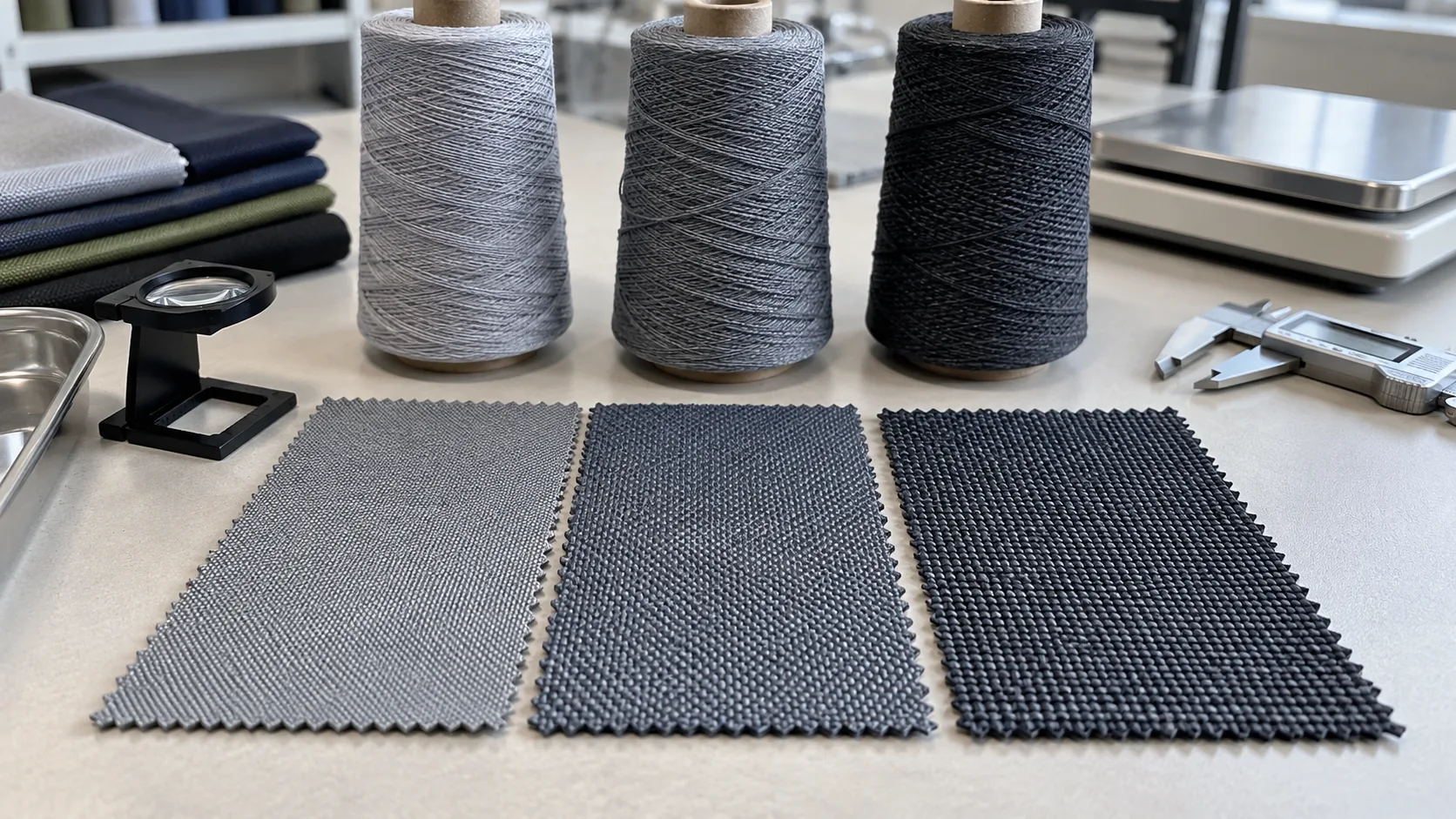 Oxford swatches with visibly different yarn coarseness beside a loupe, scale, and caliper
