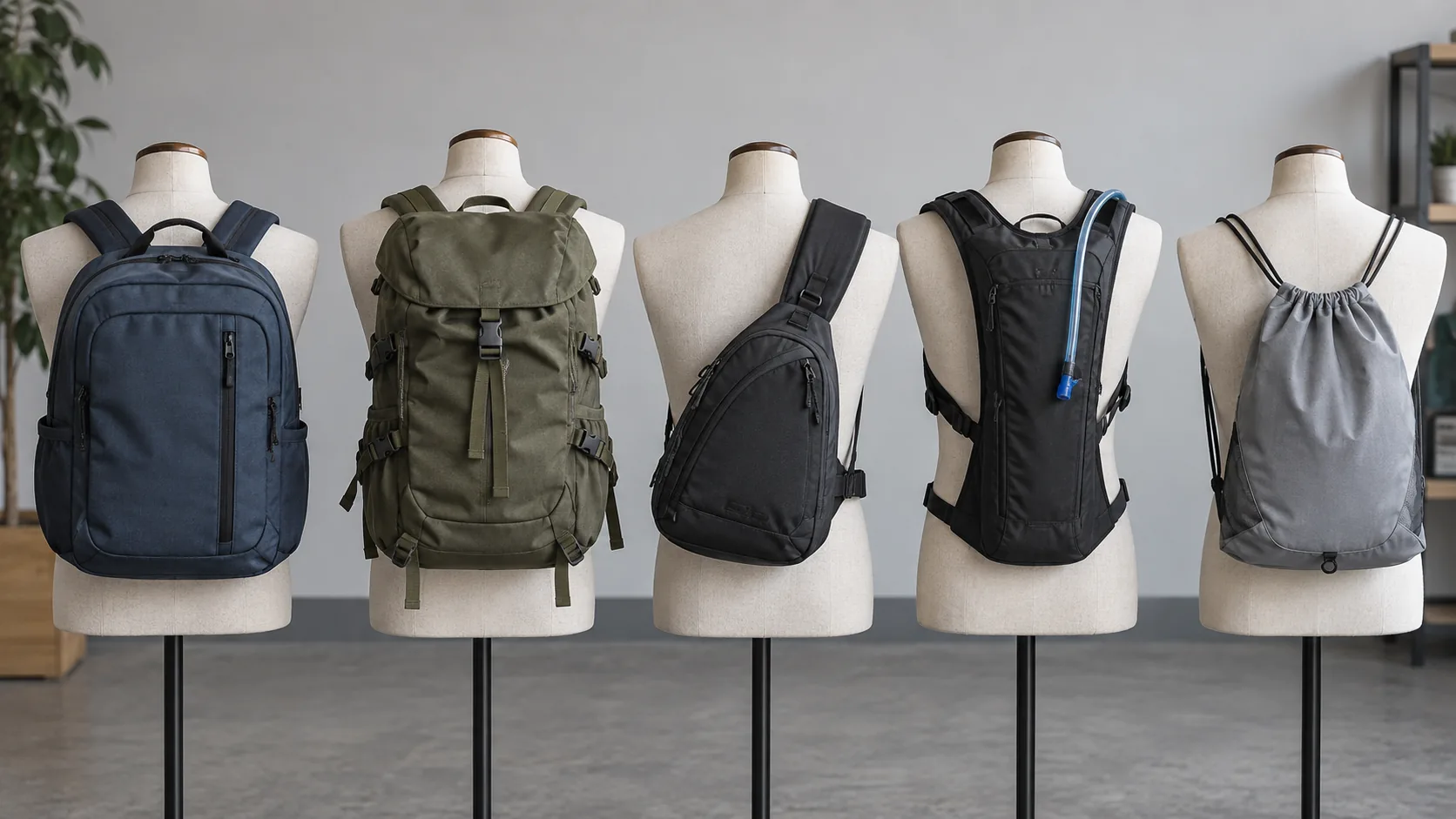 An everyday backpack top-loading rucksack sling backpack hydration pack and drawstring pack shown together with their carrying systems visible