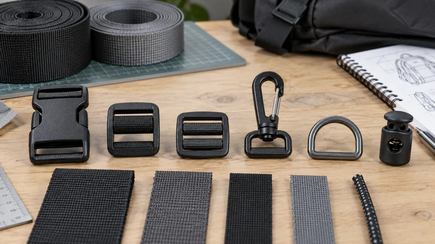 Real backpack hardware set with side-release buckle, ladder lock, triglide, snap hook, D-ring and matching webbing samples