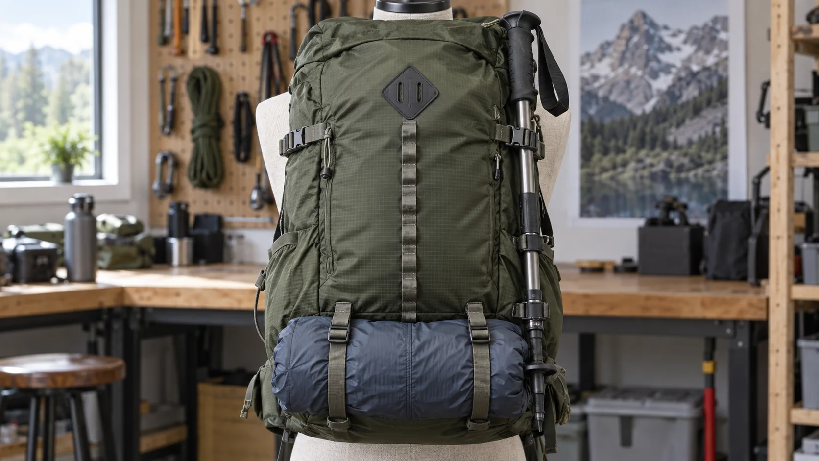 Unbranded outdoor backpack front showing a lash tab, daisy-chain webbing and separate gear loops with restrained items