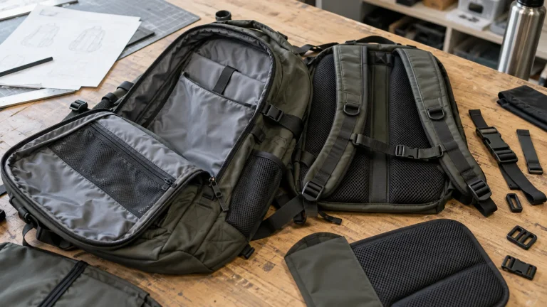 Unbranded backpack opened on a development table with body panels, shoulder straps, zipper, pockets, lining and hardware visible