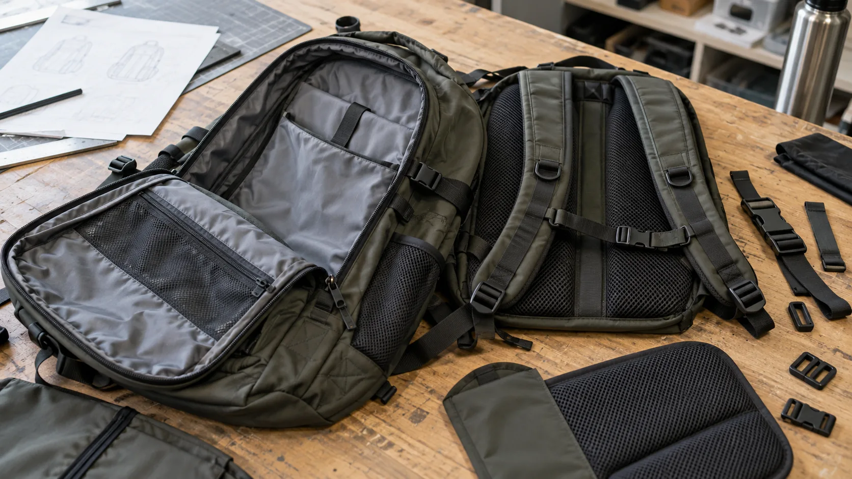 Unbranded backpack opened on a development table with body panels, shoulder straps, zipper, pockets, lining and hardware visible
