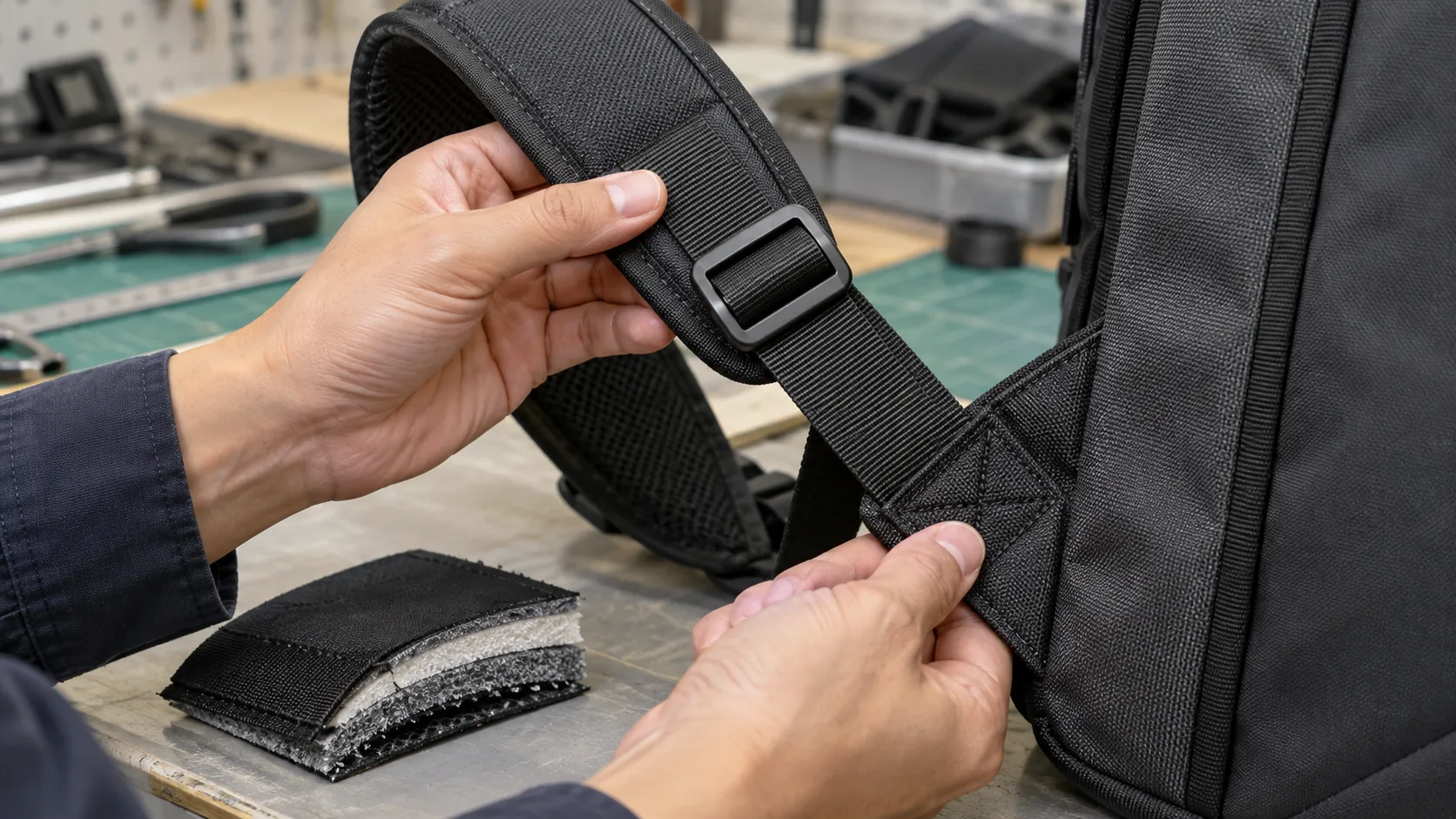 Backpack shoulder strap assembly with webbing, ladder adjuster, reinforced anchor and stitched panel on a real sample table