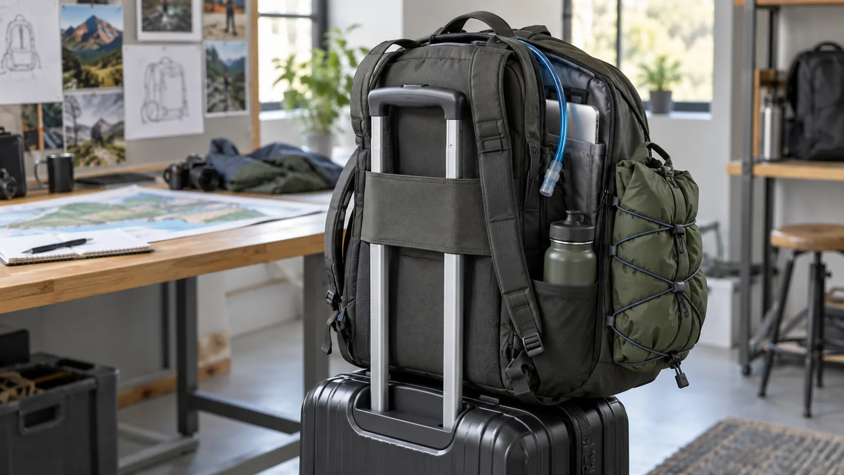 Travel backpack on a suitcase handle with trolley sleeve, external bungee, laptop sleeve, bottle pocket and hydration routing visible