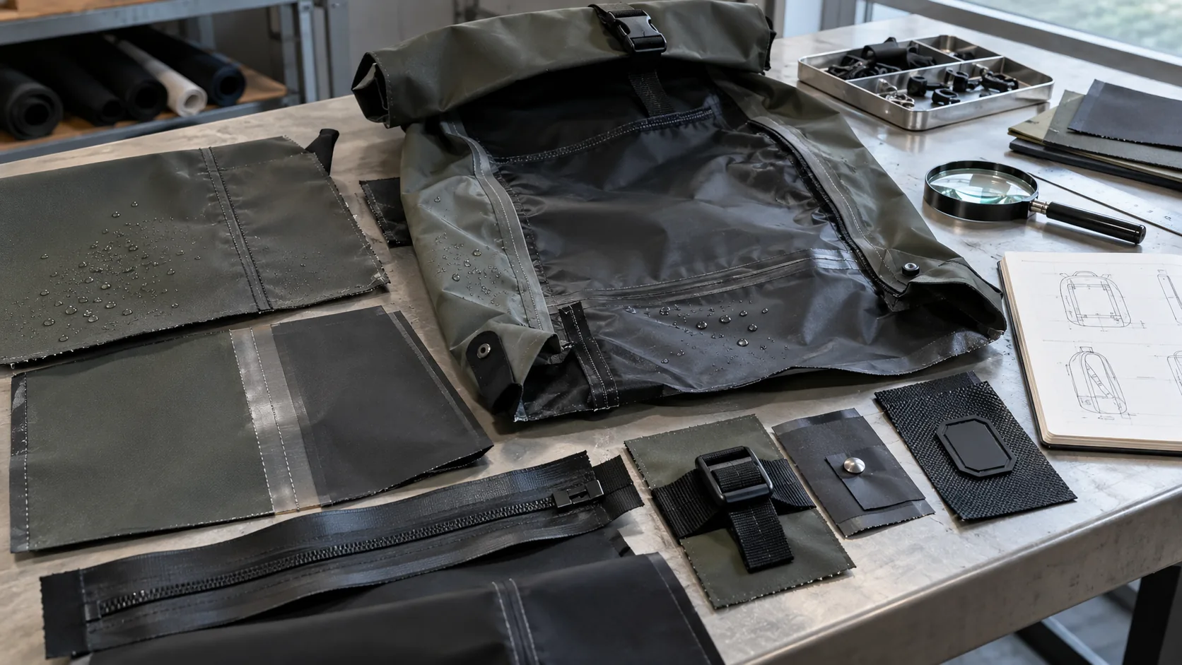 Coated bag panel with stitched seam, taped seam, welded join, zipper end, and attachment points
