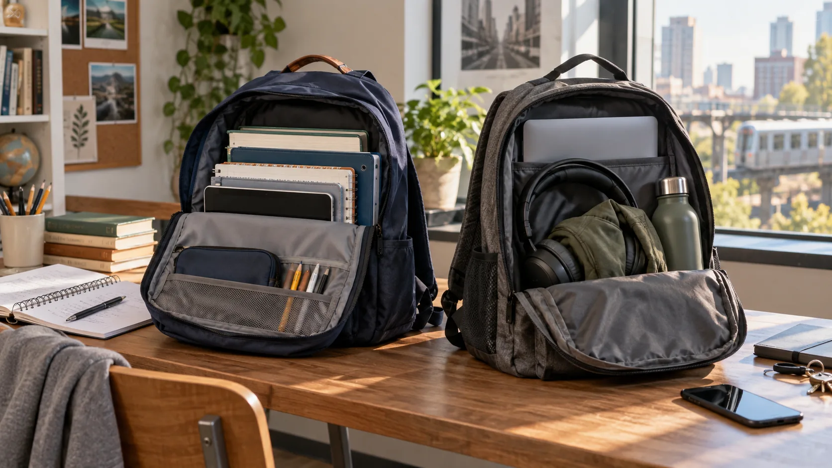 School bookbag with textbooks beside an everyday commuter backpack with laptop and daily gear