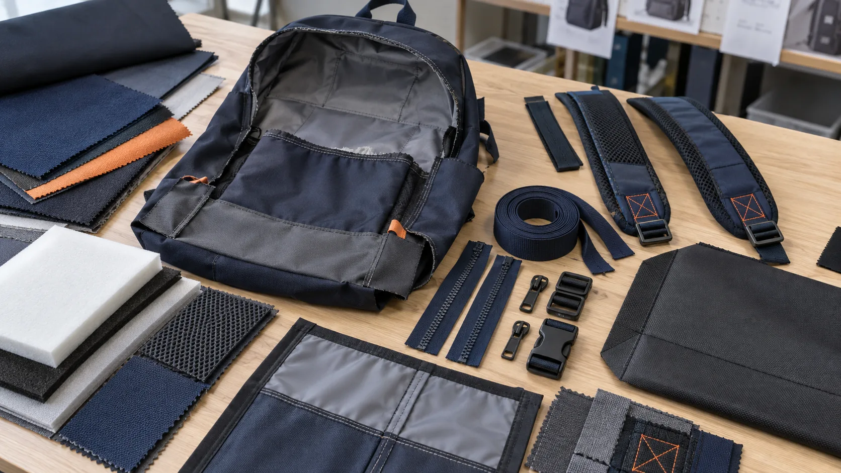 School backpack sample with fabric swatches, foam, webbing, zippers and reinforcement components on a development table
