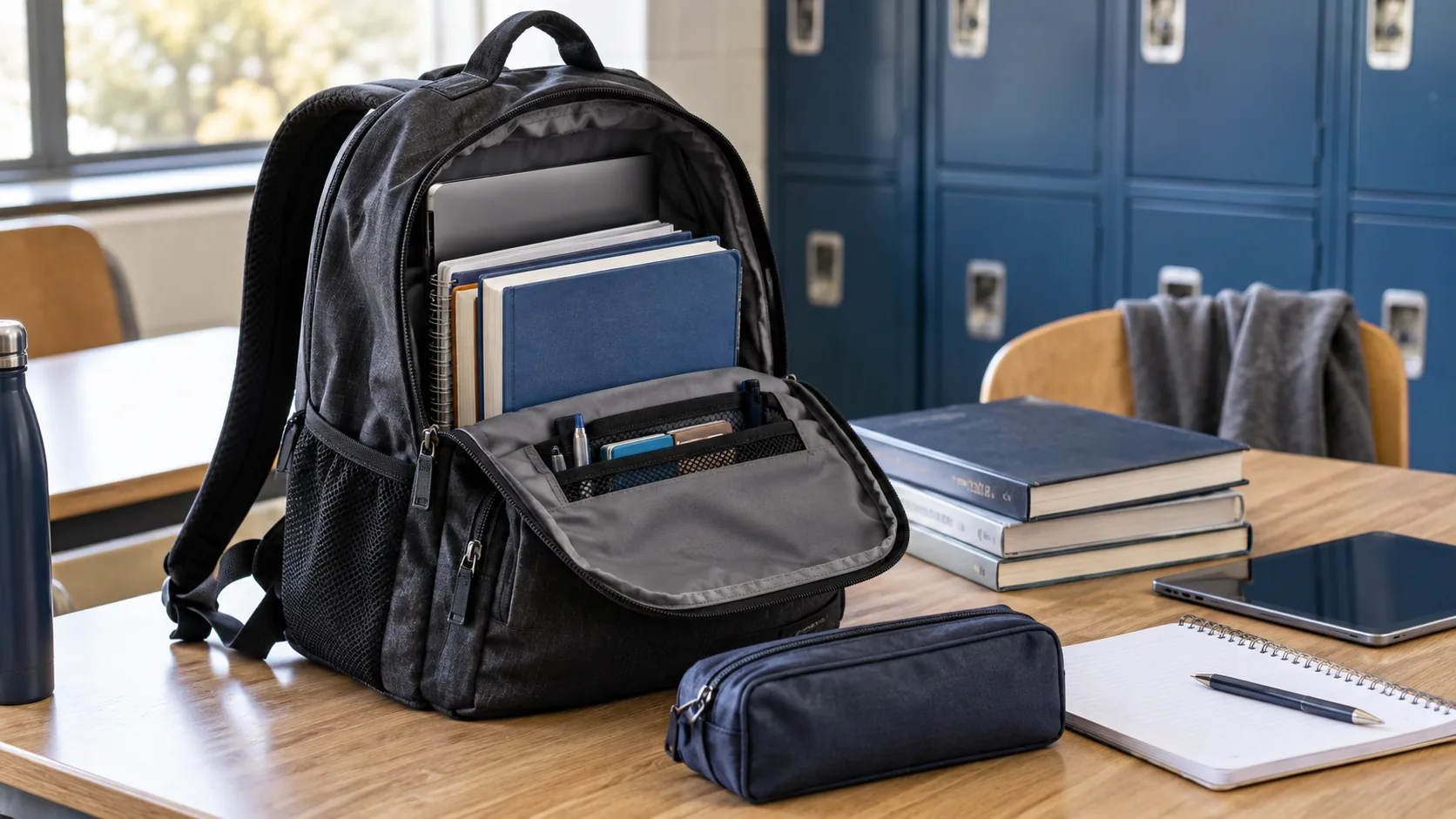 Open school bookbag with textbooks, notebook, tablet and pencil case in a classroom setting