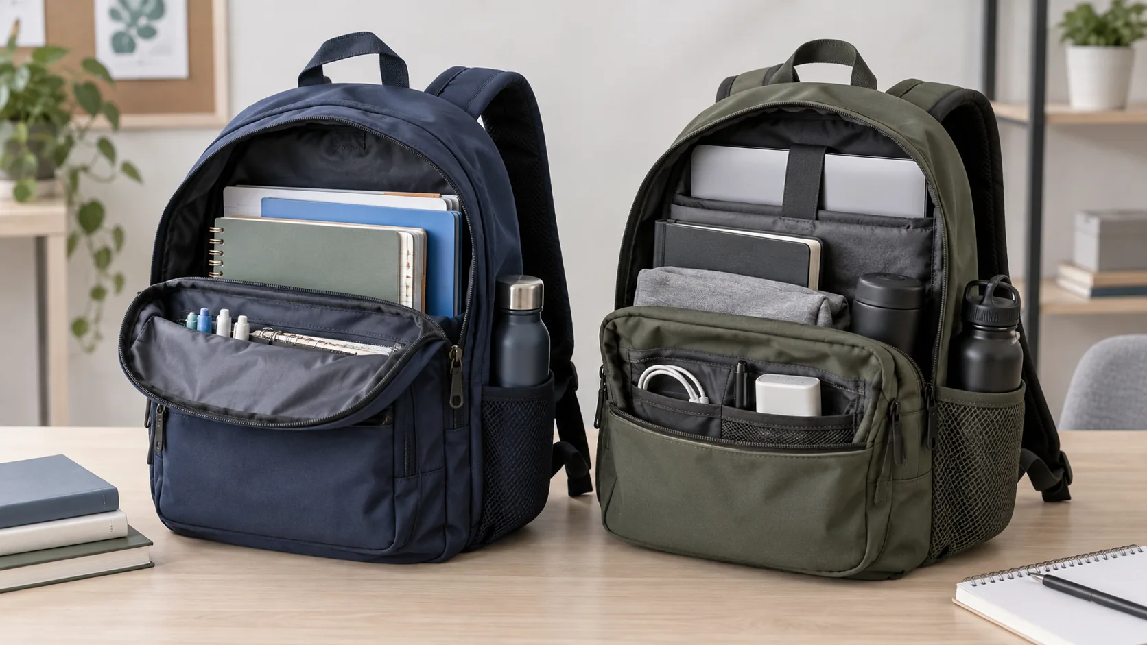 Two unbranded two-strap bags compared as a school bookbag and a broader everyday backpack