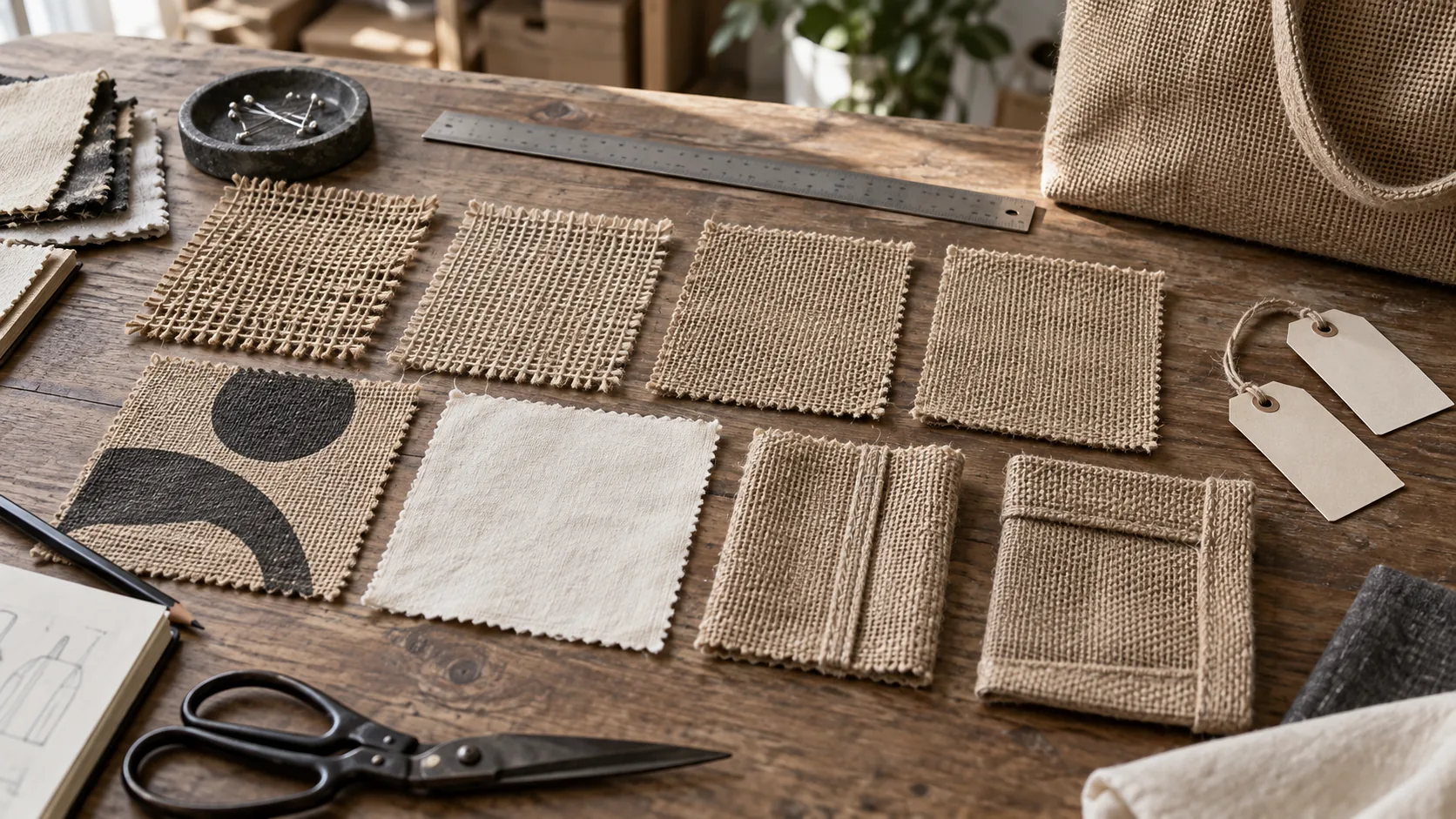 Burlap development table with several weave densities, fabric weights, printed swatches, lining and finished seam samples