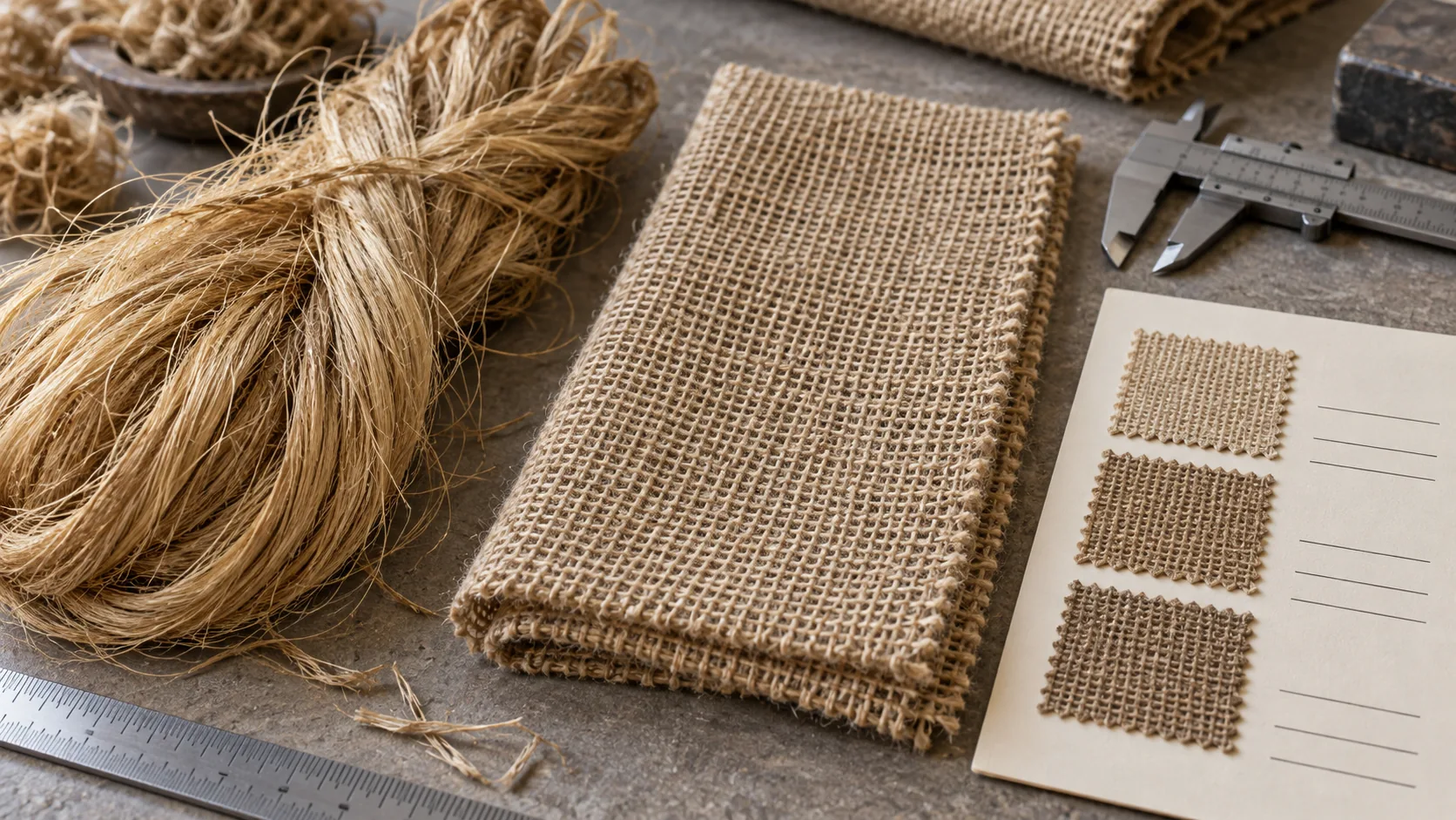 Close-up comparison of raw jute fiber, woven burlap fabric and a labeled but unbranded fabric specification swatch