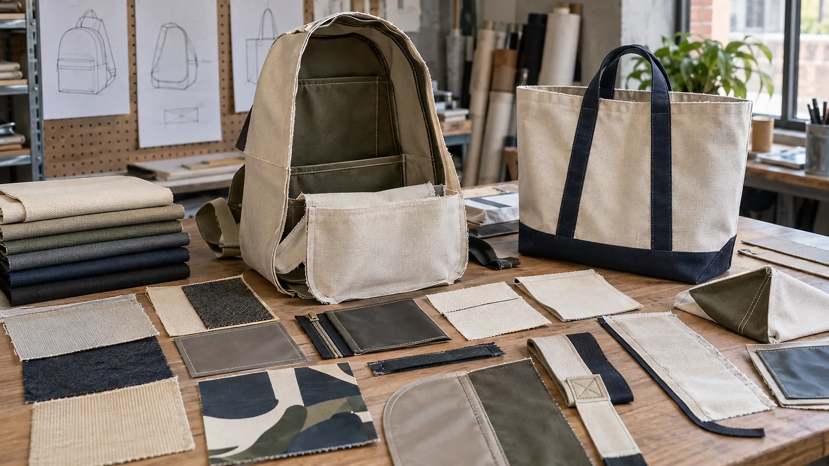 Canvas backpack and tote components showing weave, coating, backing, print, seams, binding, and reinforcement