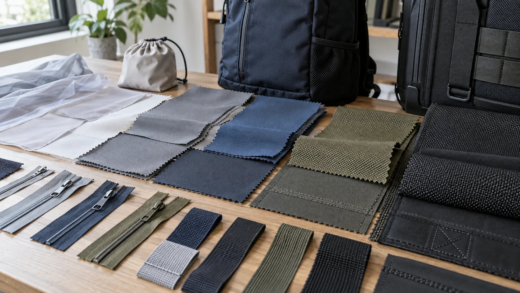 Lightweight lining through heavier shell fabrics arranged with unbranded bag components