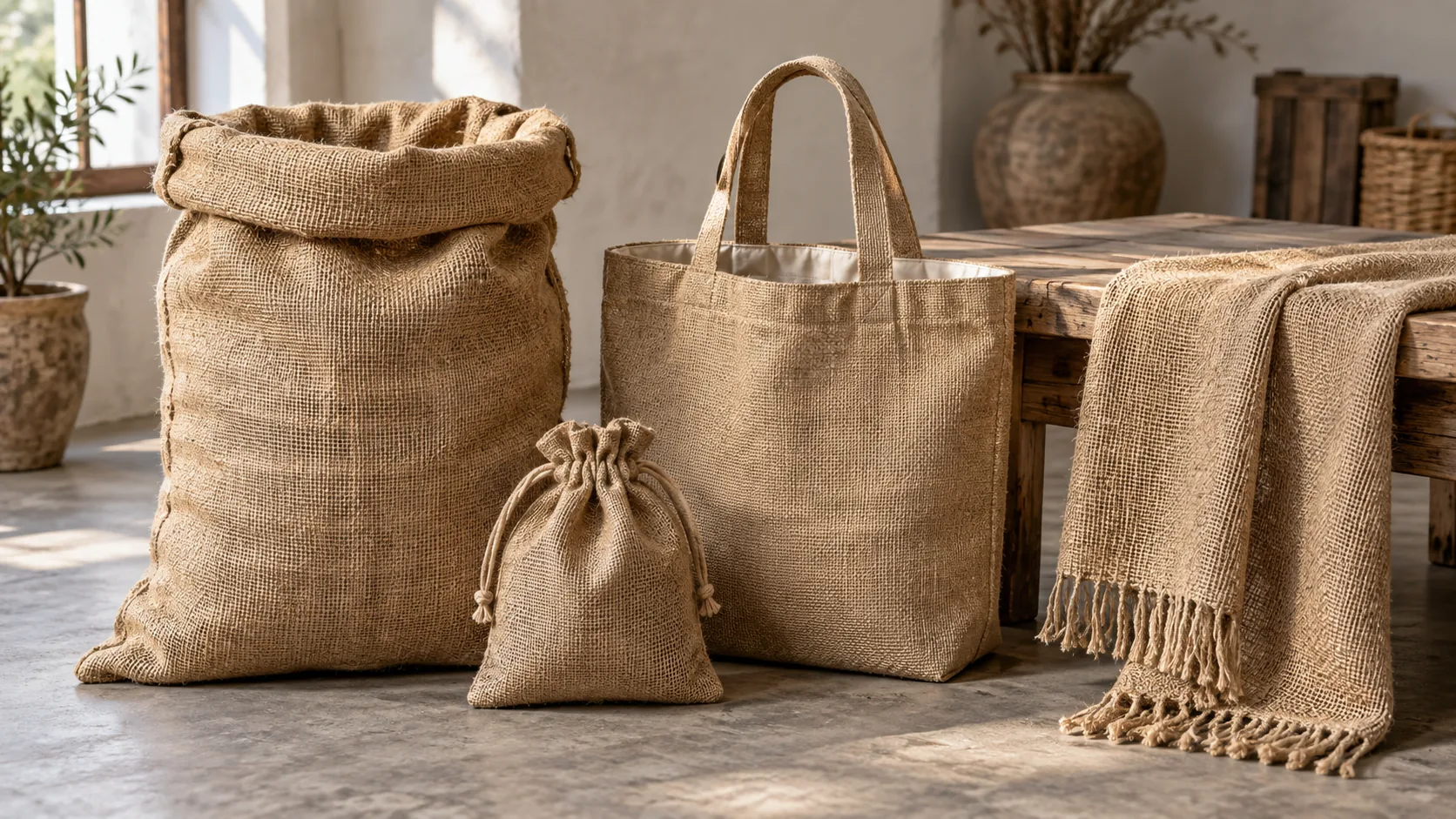 Realistic burlap sacks, shopping tote, drawstring gift pouch and home textile sample arranged without logos