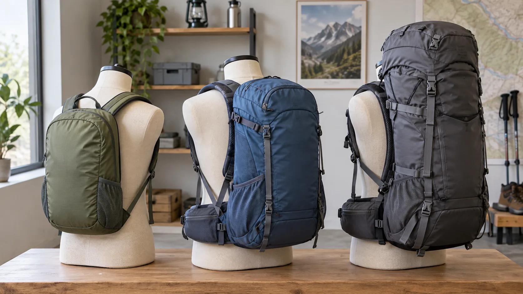 A lightweight daypack hiking backpack and internal-frame backpacking pack shown with shoulder straps hip belts and back structure visible