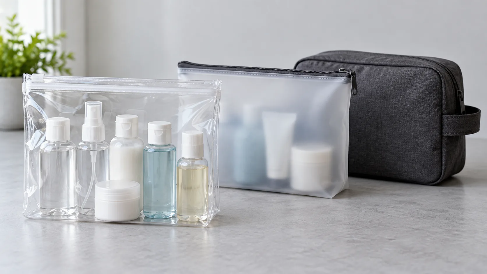 A clear plastic zip-top liquids pouch shown in front of translucent and opaque toiletry organizers with unbranded travel containers