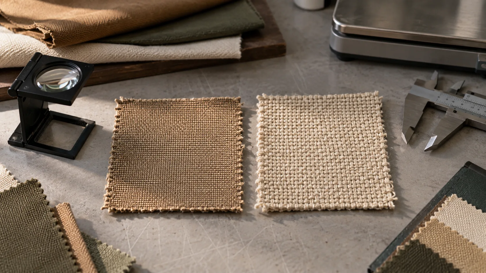 Duck cloth and general canvas swatches compared at equal scale with textile inspection tools