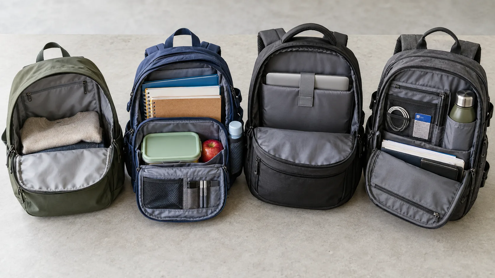 Everyday school laptop and commuter backpacks displayed open with different pocket layouts device sleeves and access arrangements