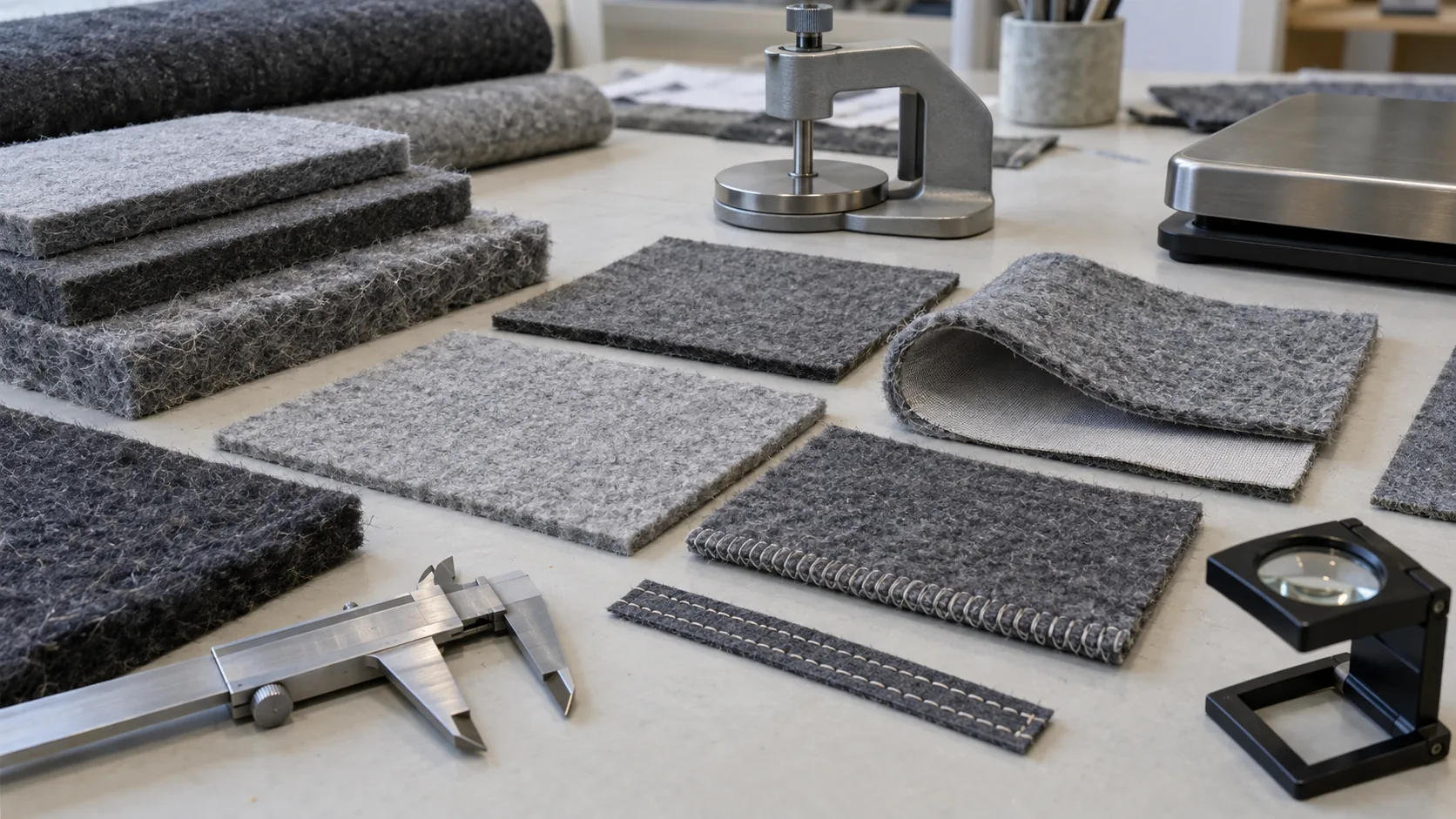 Felt samples with different thicknesses, finishes, backing, stitching, and inspection tools
