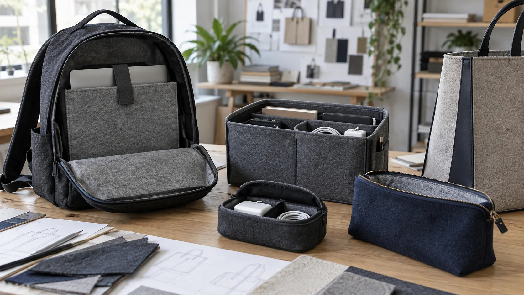 Backpack sleeve, organizer, protective insert, pouch, and tote components made with felt