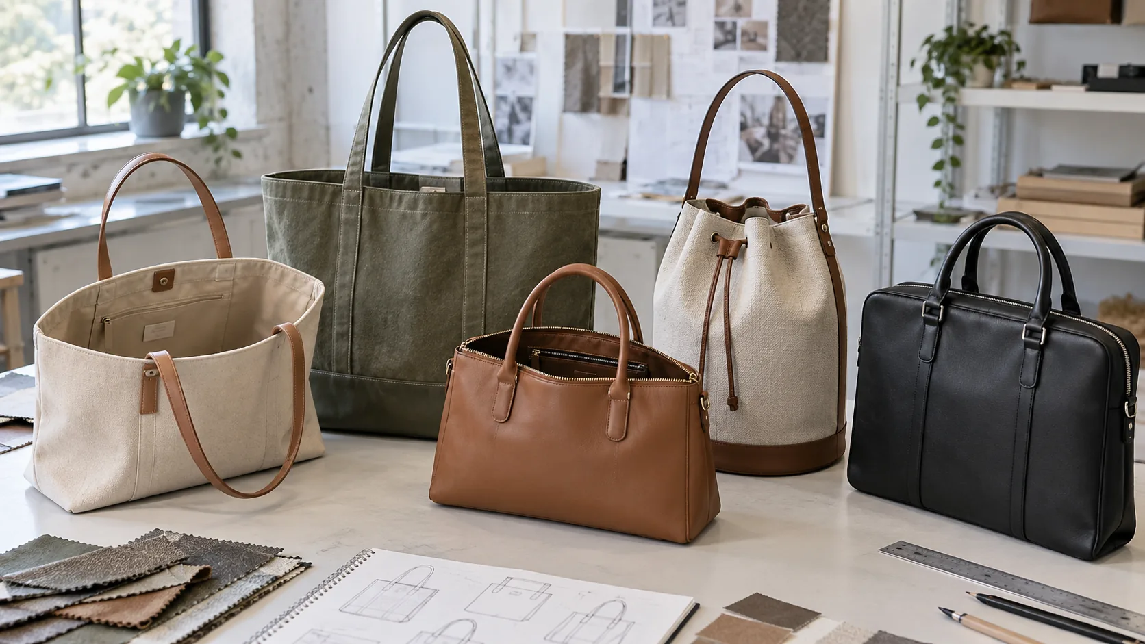 An open tote shopper top-handle bag bucket bag and briefcase displayed with openings bases and handle drops clearly visible