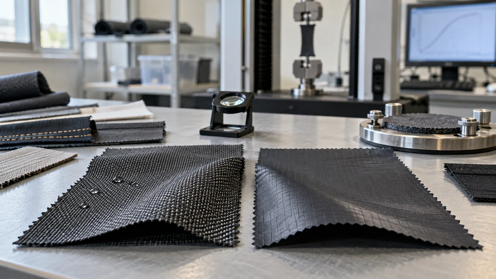 Two technical fabric constructions compared with seam samples and textile test equipment