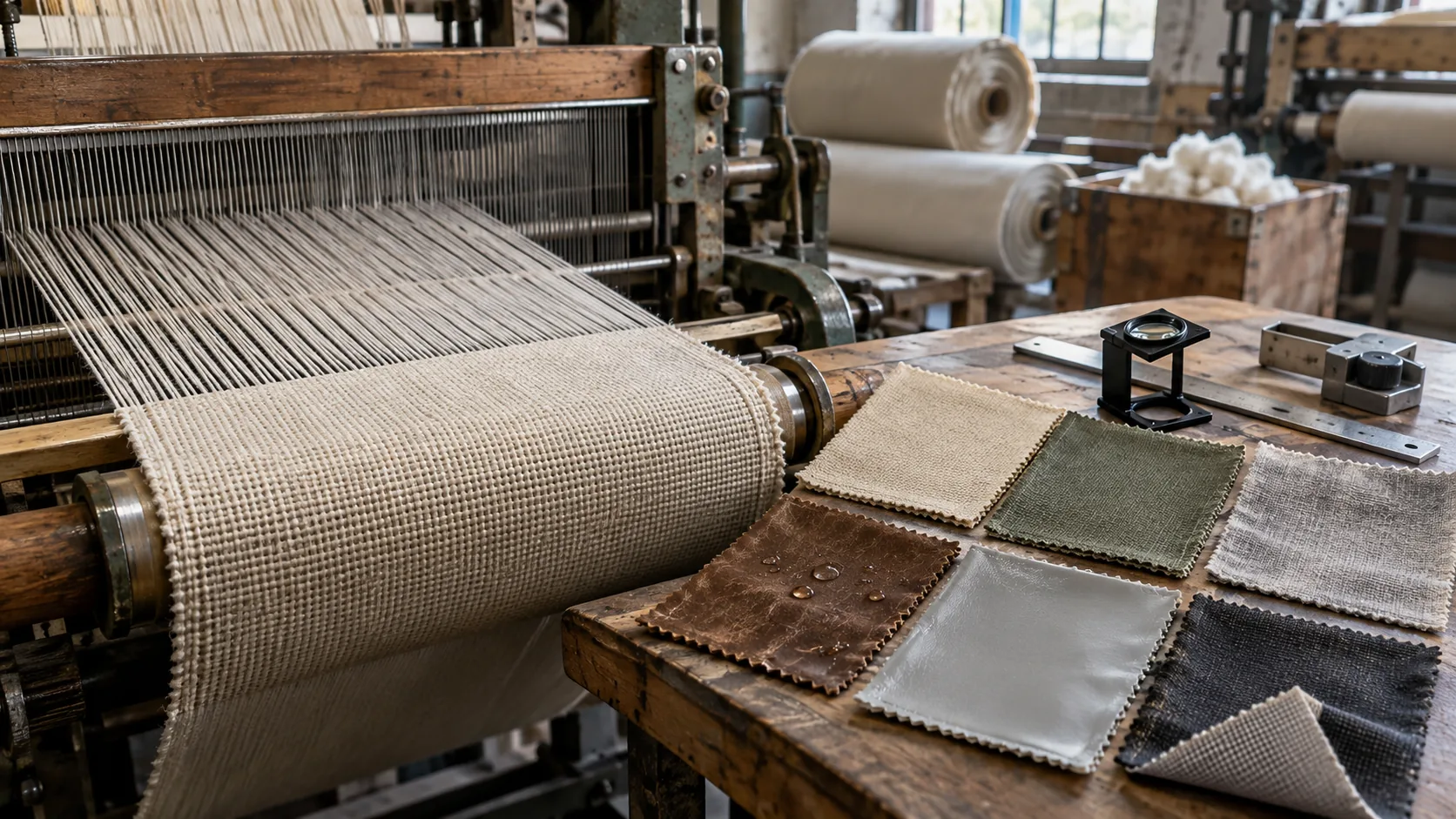Plain-weave canvas forming on a loom beside untreated, dyed, washed, waxed, coated, and backed swatches