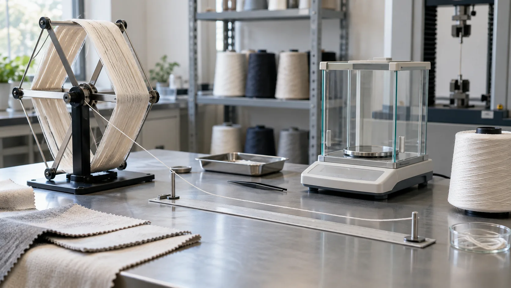Yarn skein reel, precision balance, and measured filament yarn in a textile laboratory