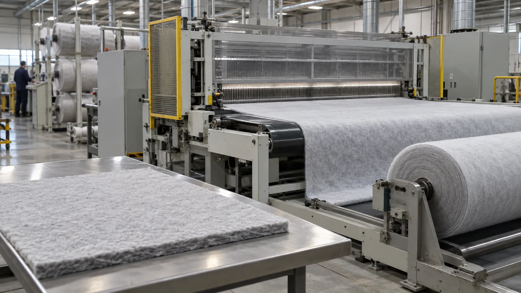 Needle-punching line producing a gray nonwoven felt sheet in a textile factory