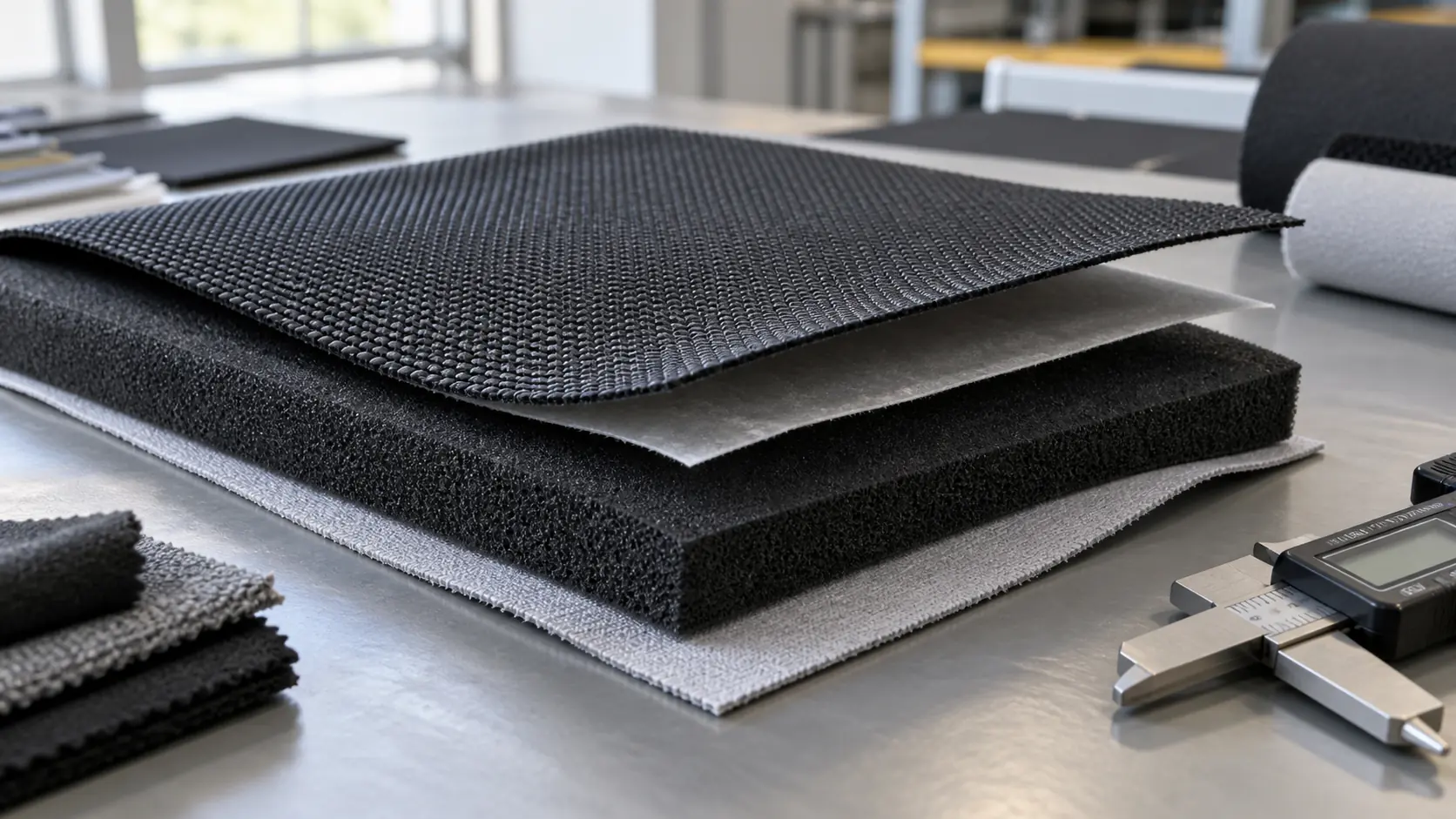 Exploded laminated neoprene panel with textile face, adhesive interface, foam core, and backing beside calipers