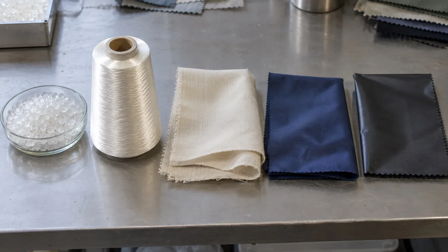 Nylon polymer pellets, filament yarn, greige fabric, dyed fabric, and coated fabric stages