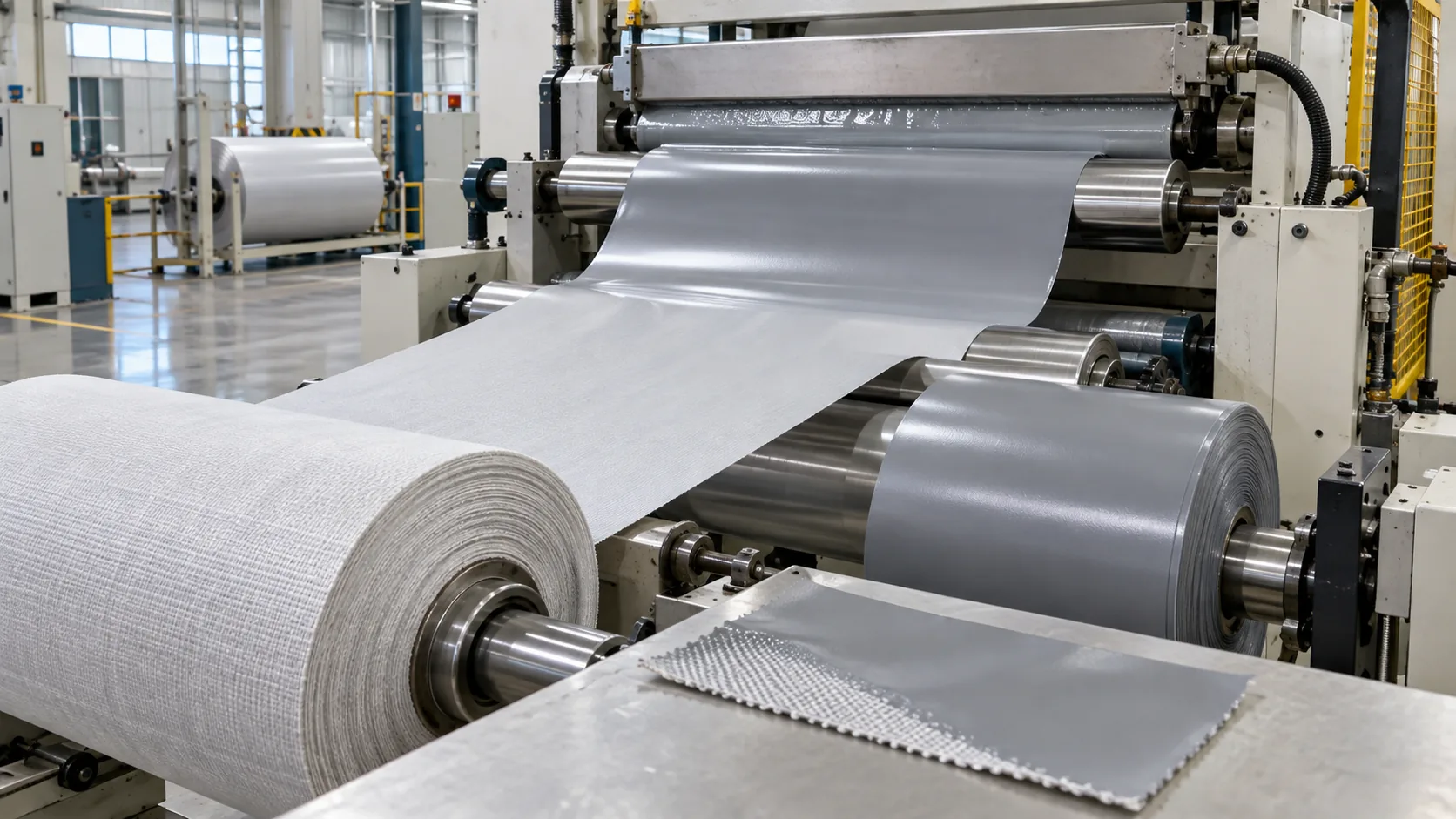 Woven textile feeding through a coating and calendering line to produce flexible coated material
