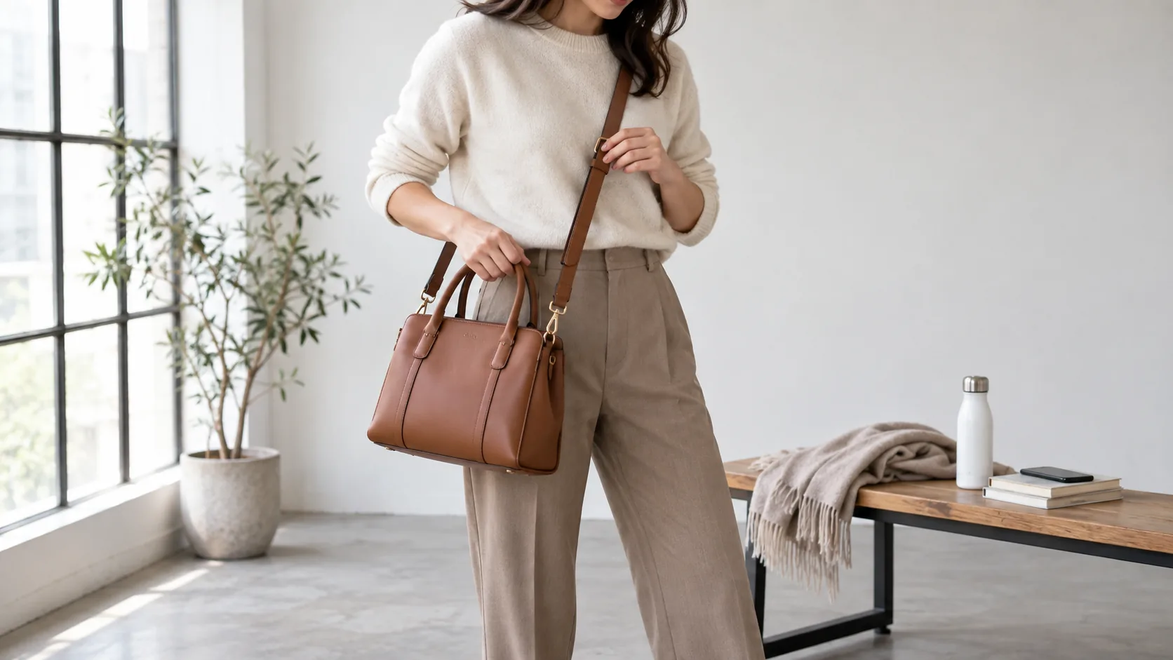 Person naturally testing an unbranded satchel by top handles, shoulder strap and crossbody strap with a light daily load