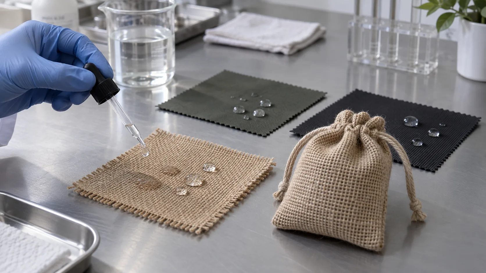 Burlap swatch and finished pouch undergoing a controlled water-drop check beside coated synthetic fabric samples