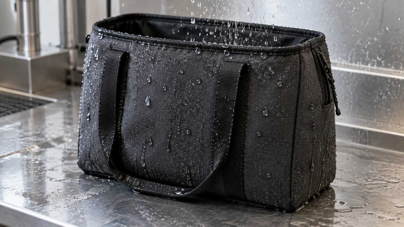 Unbranded neoprene bag prototype under a controlled splash test with visible water beading and sewn seams
