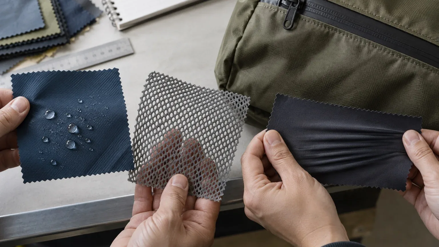 Coated, mesh, and stretch nylon swatches beside a sewn bag panel