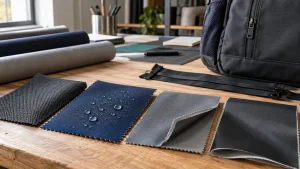 Uncoated, water-repellent, coated, and laminated polyester fabrics beside a backpack panel